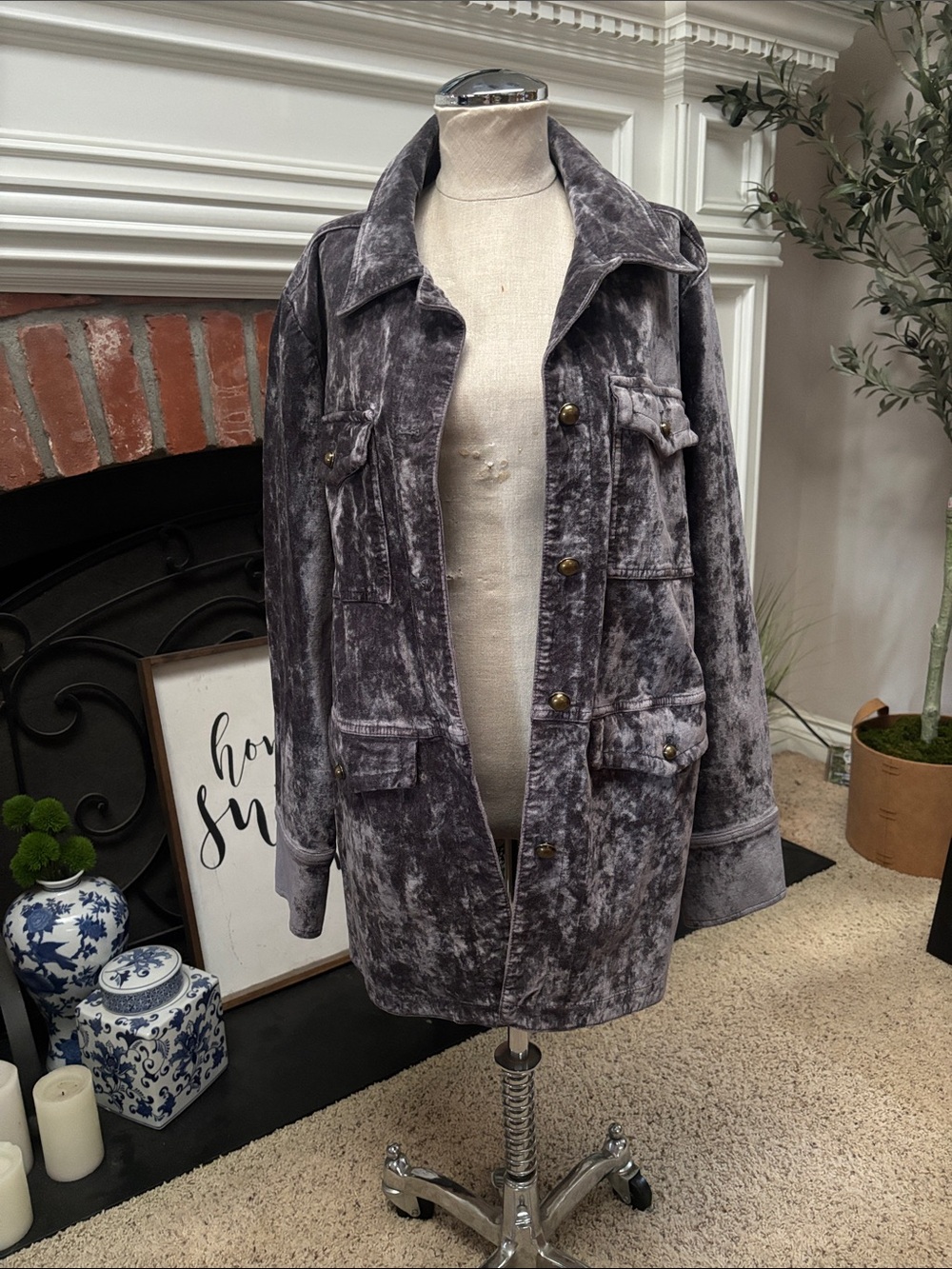 Anthropologie Crushed Velvet Utility Jacket in Charcoal